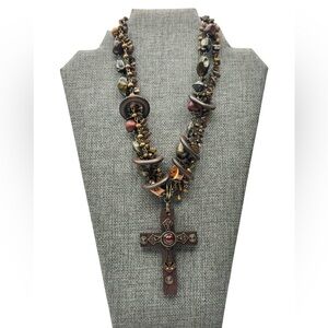 Vintage Rustic Boho Cross Statement Necklace Tiger Eye